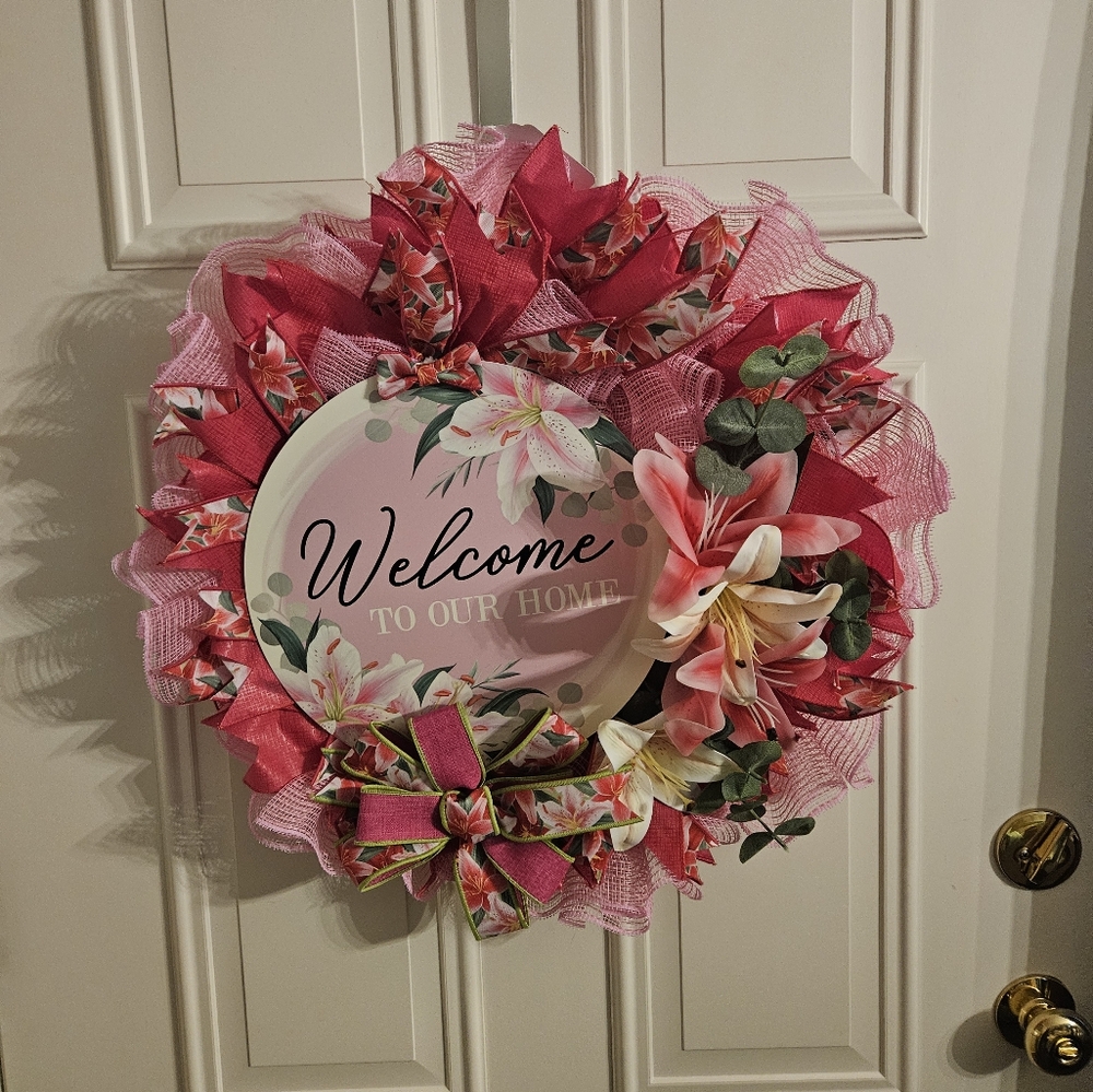 Hand Crafted Pink and Green Spring Wreath